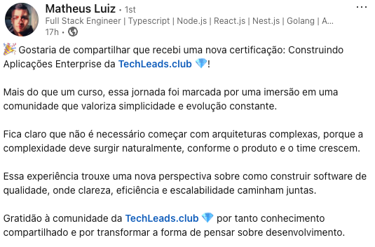 Depoimento de Matheus Luiz — Full Stack Engineer